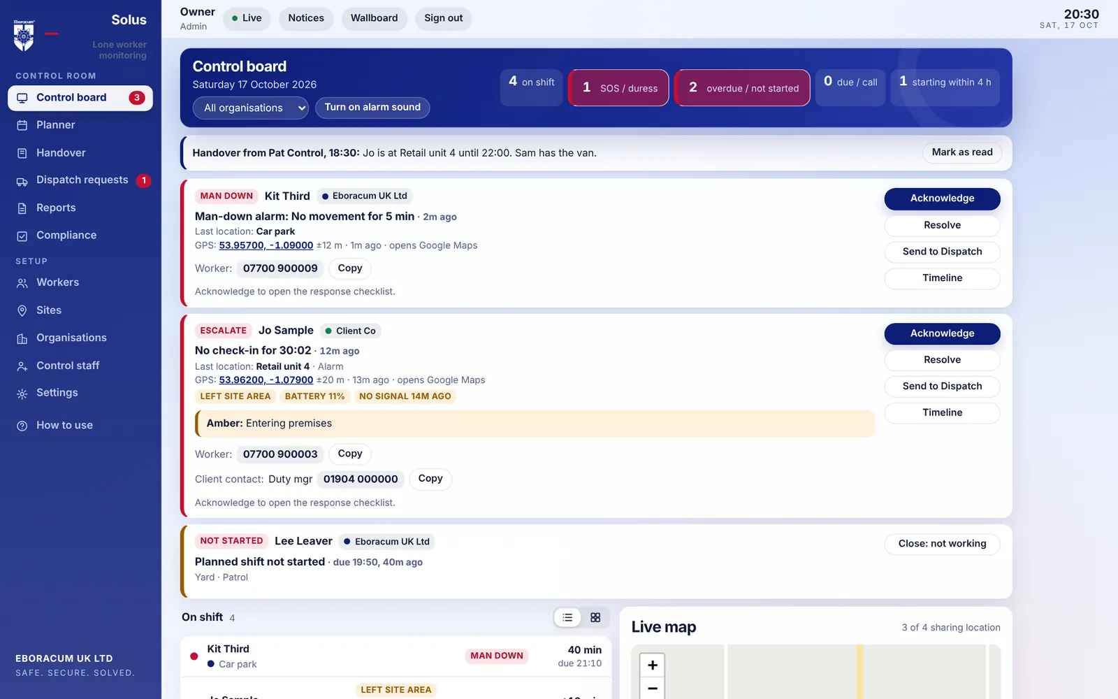 The Solus control board with live alerts, worker list and map