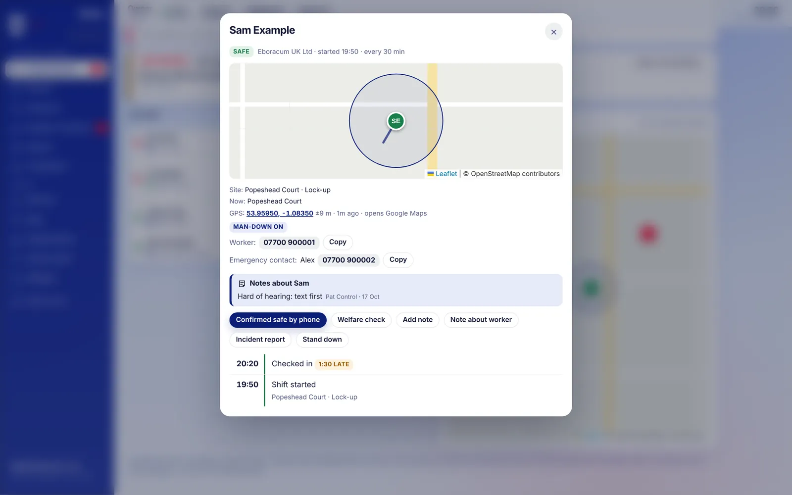 Shift timeline with map and log