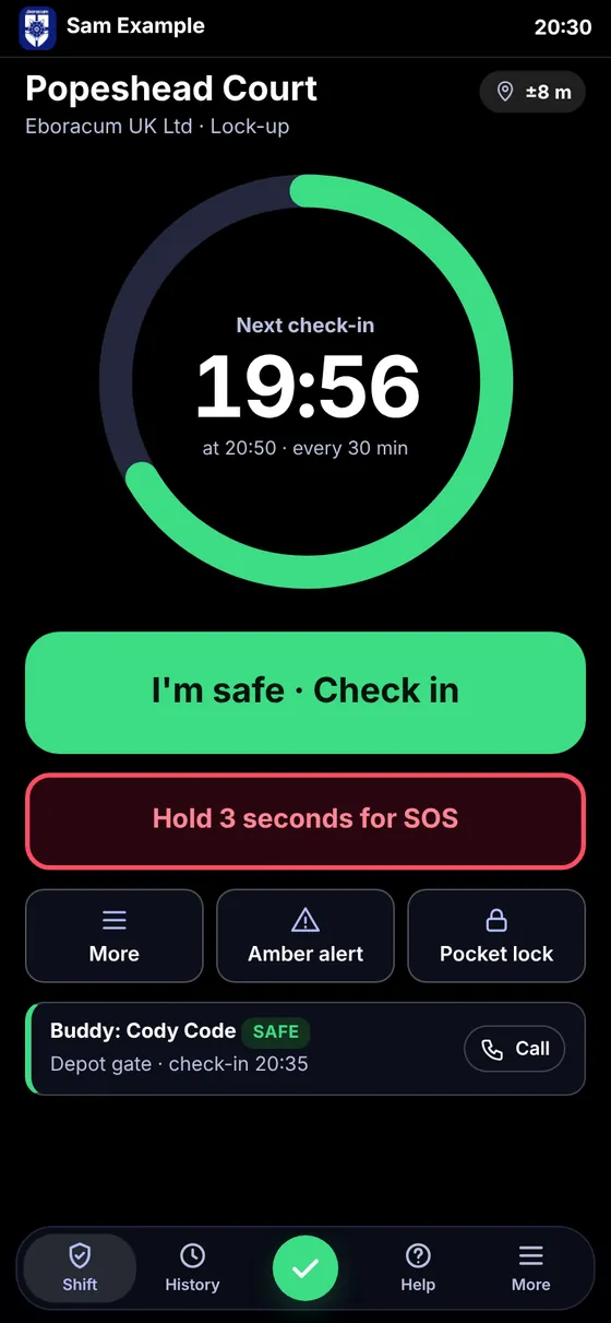 The Solus shift screen on a phone, counting down to the next check-in